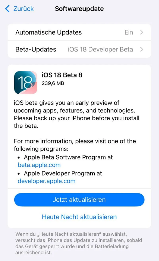 石泉苹果手机维修分享苹果 iOS / iPadOS 18 开发者预览版 Beta 8 发布 